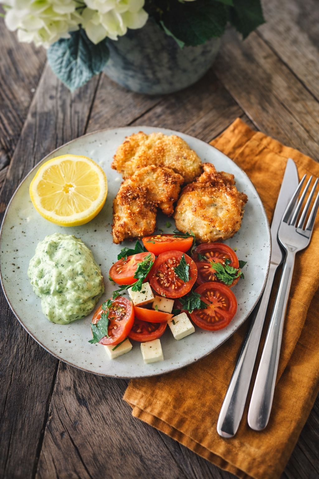 Hjemmelavet kylling nuggets med grøn mayo