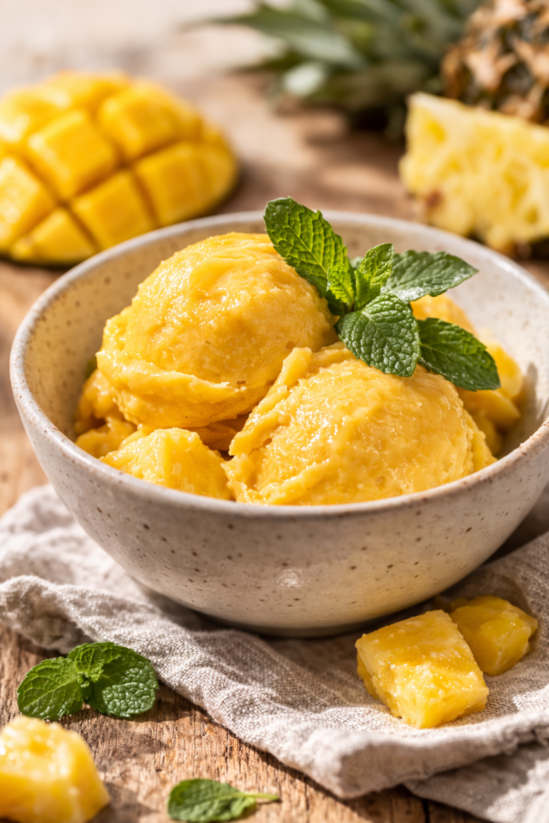 Vegansk sorbetis med mango og ananas – nem is uden sukker og mælk